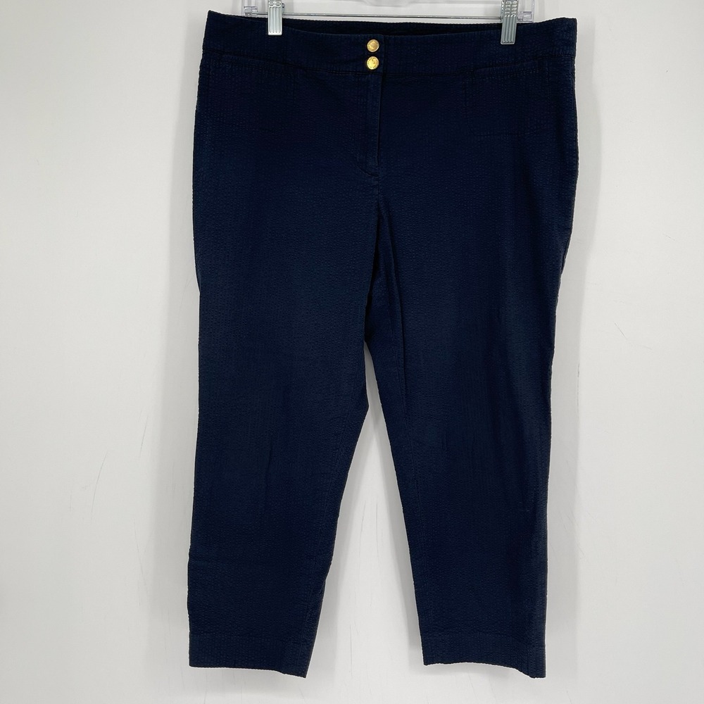 Jones New York Women's Navy Seersucker Stretch Preppy Office Crop Pants Size 12